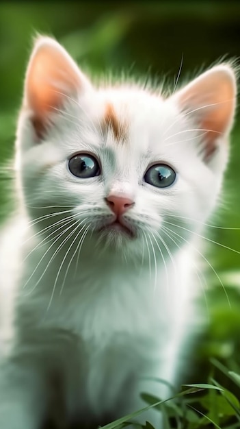 Un gato blanco con ojos azules mira a la cámara.