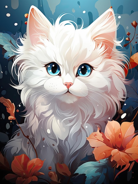 un gato blanco con ojos azules y una nariz rosa está frente a un fondo de flores.