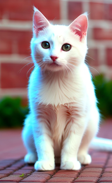 Un gato blanco con ojos azules se sienta en una mesa frente a una pared de ladrillos.