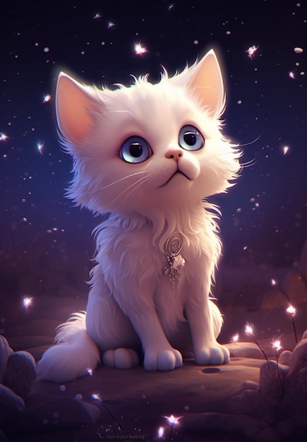 Un gato blanco con ojos azules se sienta en una roca con un cielo estrellado de fondo.