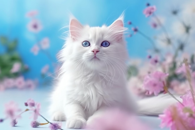 Gato blanco con ojos azules sobre un fondo azul.