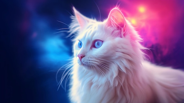 Gato blanco con ojos azules sobre un fondo de neón oscuro IA generativa