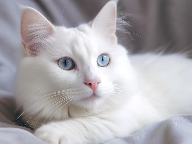 Gato blanco con ojos de color verde angora turca Van gatito con ojos azules y verdes se encuentra en la cama blanca Adorable mascotas domésticas heterocromía Ai