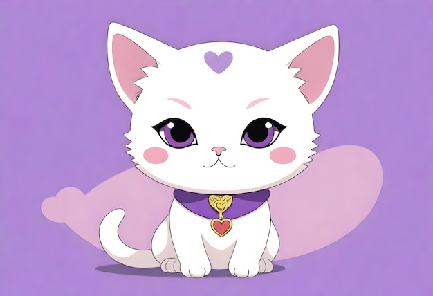 un gato blanco con ojos púrpuras y un corazón en su cuello