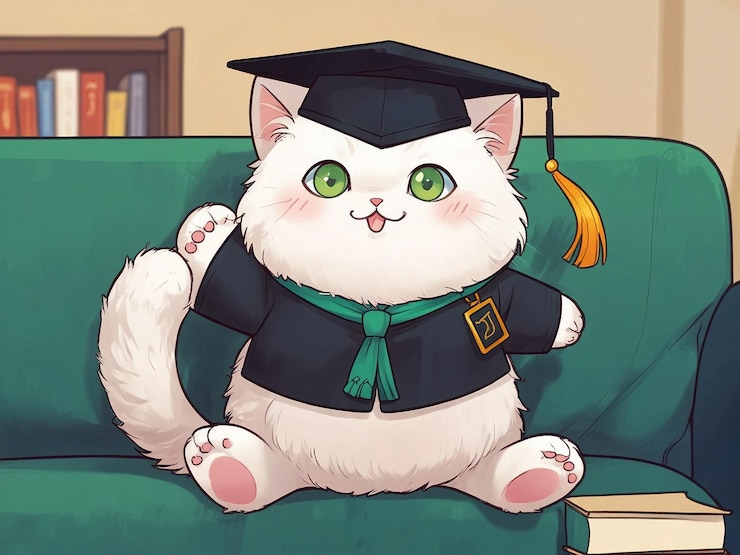 gato blanco con ojos verdes que lleva una pequeña gorra de graduación negra