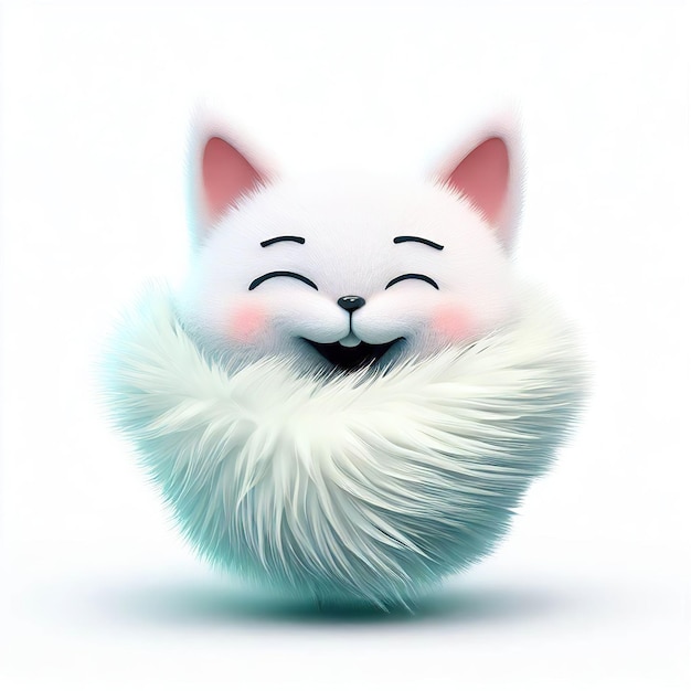 Un gato blanco con orejas rosas sonríe y tiene un pelaje esponjoso alrededor de la cara.