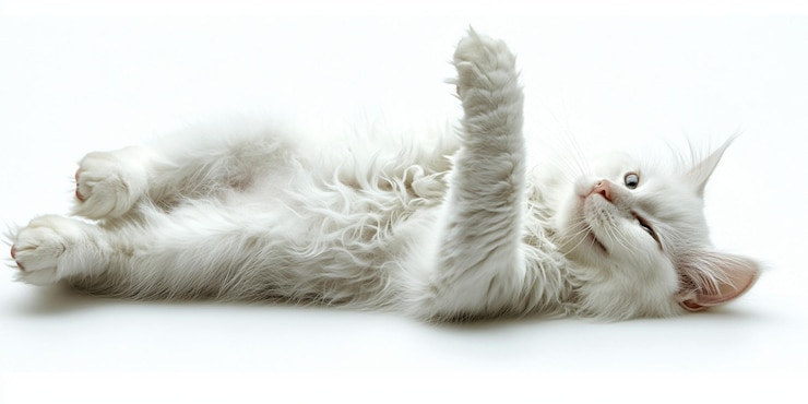 un gato blanco con una pata roja en la espalda está estirado