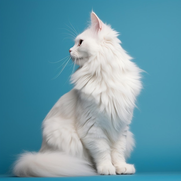 Gato blanco de pelo largo Muestra todo el cuerpo del gato sobre fondo azul.