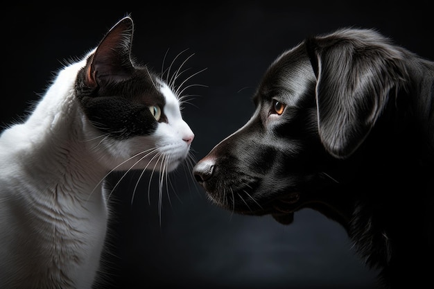 Gato blanco y perro negro juntos Ilustración generada por IA de mejores amigos