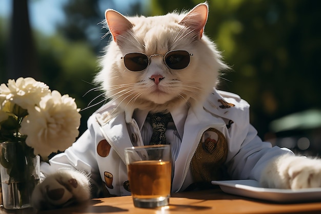 Foto un gato blanco está de pie en la mesa de picnic con gafas de sol y ropa concepto de moda animal