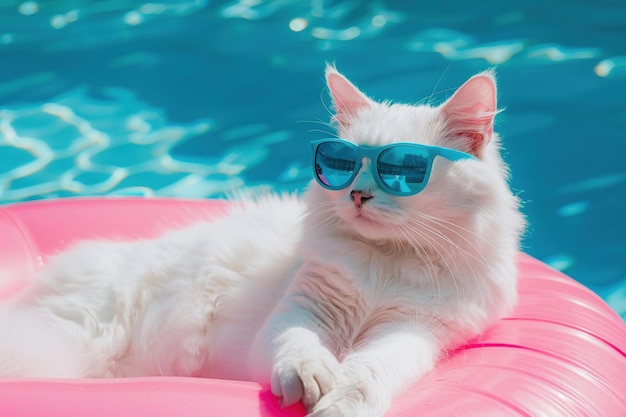 Un gato blanco que se ve bien con gafas de sol azules se sienta en un flotador de piscina rosa