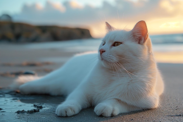 Gato blanco relajándose viendo la puesta de sol en la playa