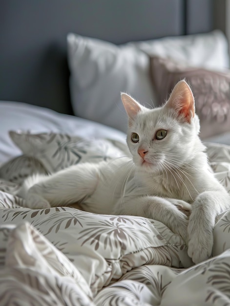 Foto un gato blanco está sentado en una cama