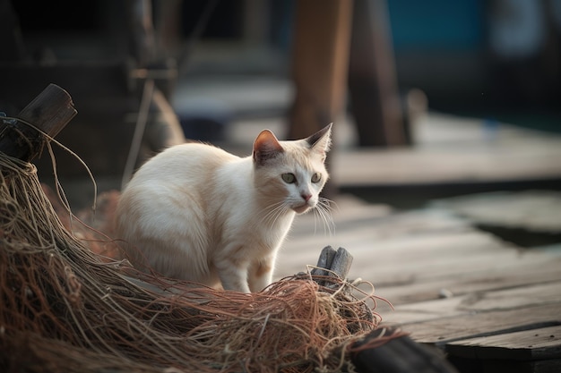 Un gato blanco sentado en un muelle