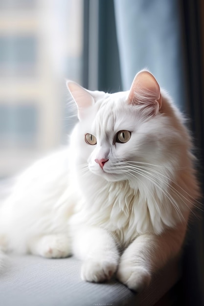 Un gato blanco se sienta en el alféizar de una ventana