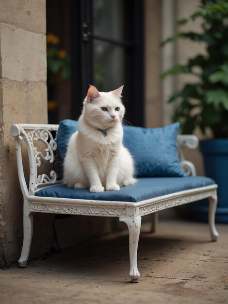 Foto un gato blanco se sienta en un banco azul y blanco