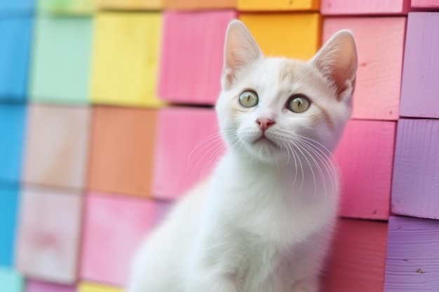 Un gato blanco se sienta frente a una caja de colores del arco iris.