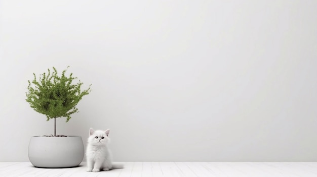 Un gato blanco se sienta frente a una planta en un piso blanco.