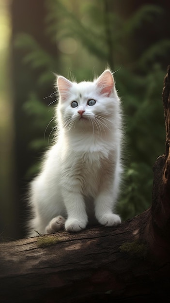 Un gato blanco se sienta en la rama de un árbol.