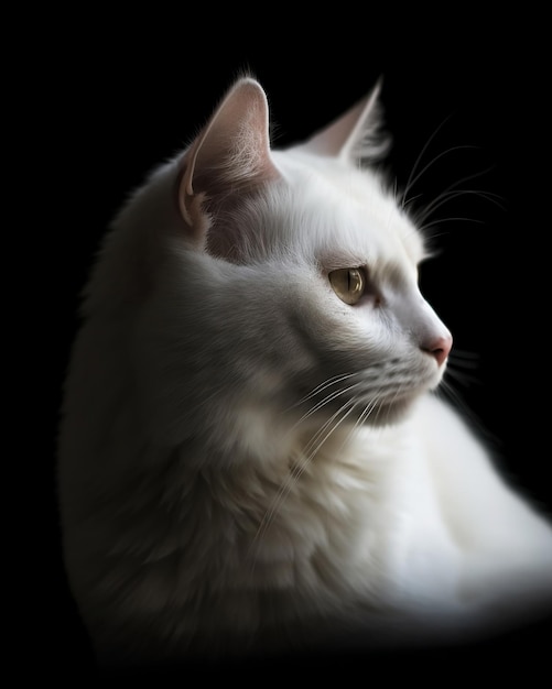 Un gato blanco sobre un fondo negro.