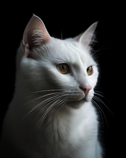 Un gato blanco sobre un fondo negro.