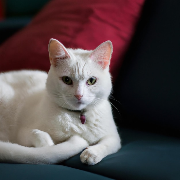 Gato blanco en el sofá de casa