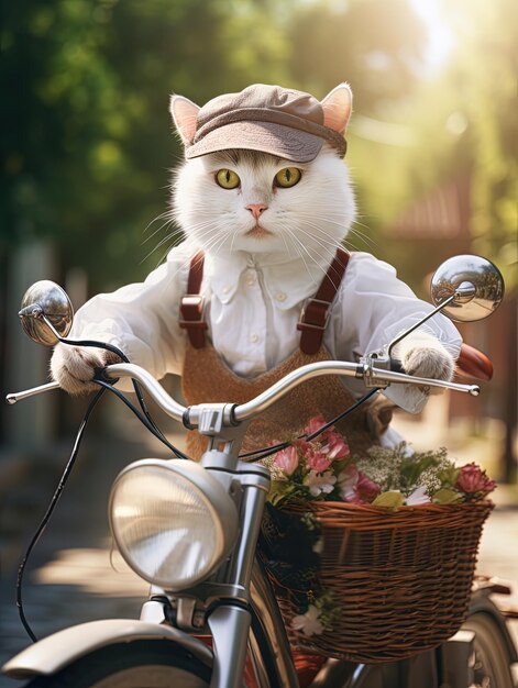 un gato blanco con un sombrero en una bicicleta con una canasta de flores