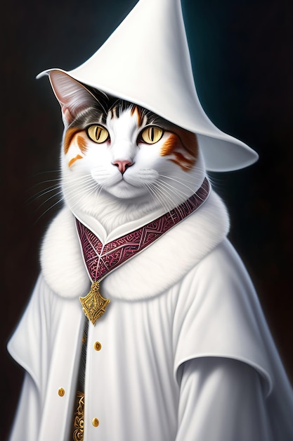 Gato blanco con sombrero de bruja y túnica de mago Retrato de mascota en ropa