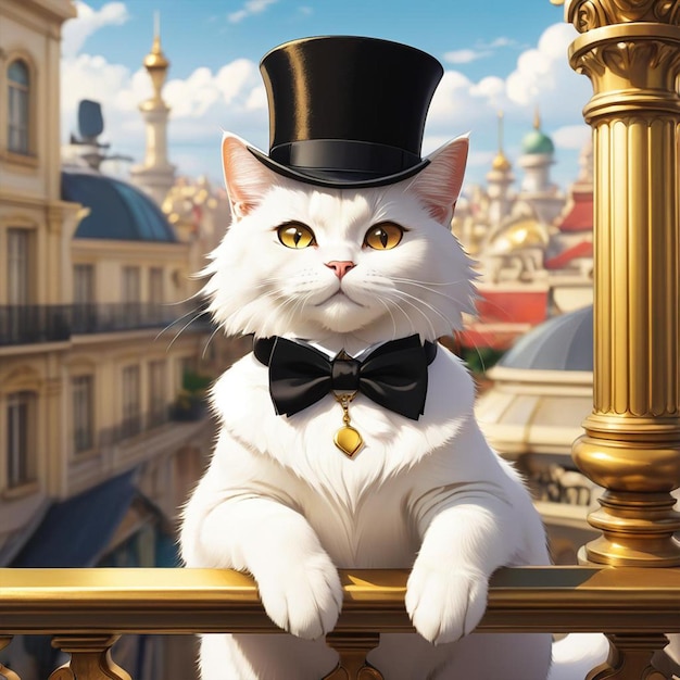 Un gato blanco con un sombrero de copa con una corbata y sosteniendo una barandilla de oro