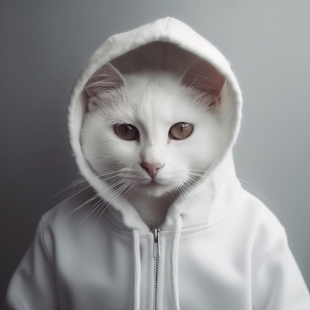 un gato blanco con una sudadera con capucha blanca que dice "el nombre"