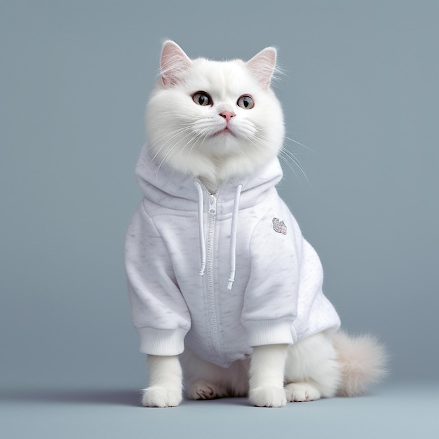 un gato blanco con una sudadera con capucha con un logo en el frente