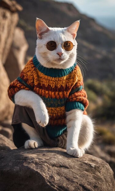 Foto un gato blanco con un suéter y un par de gafas de sol