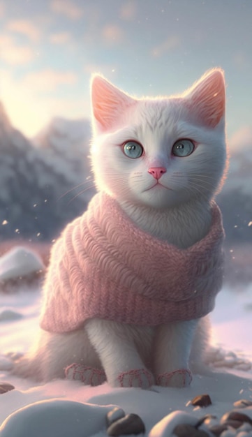 Gato blanco con un suéter rosa en la nieve ai generativo