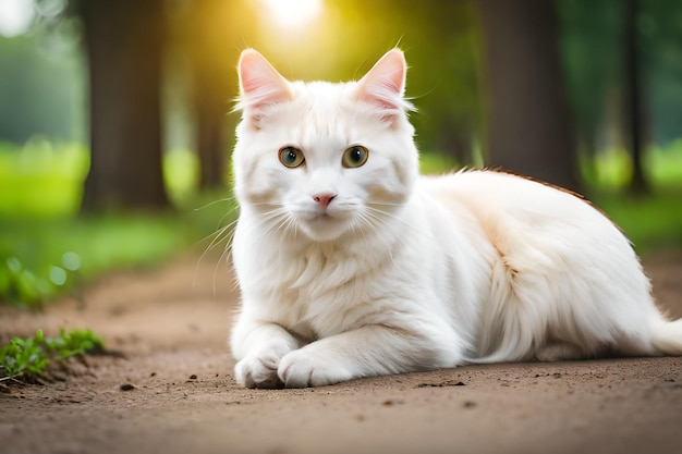 Un gato blanco tirado en un camino de tierra