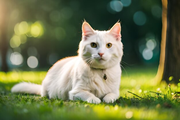 Un gato blanco tirado en la hierba