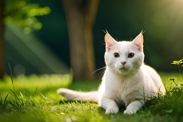 Un gato blanco tirado en la hierba