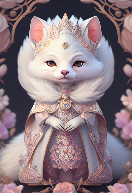 Gato blanco con vestido y corona generativa ai.