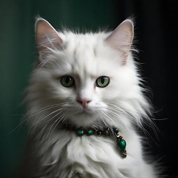 gato blanco y negro con ojos verdes y una mirada penetrante de pelo voluminoso gerado pela IA