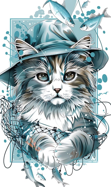 Gato Bobtail Kurilian com postura de pesca e usando um desenho artístico de moldura de desenho de ilustração de pescador