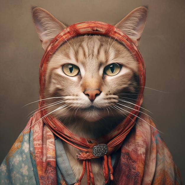 gato en boho bohemio traje hippie medieval con cuentas surrealista