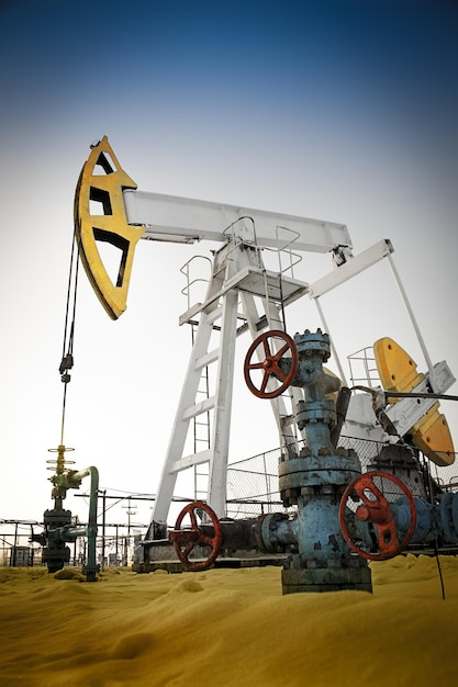 Gato de la bomba de aceite y boca de pozo en el campo petrolífero. Concepto de petróleo y gas.