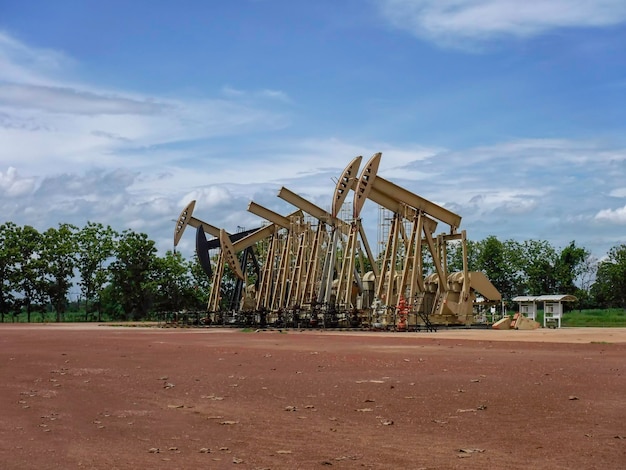 Gato de bomba que inicia la carrera de elevación para extraer petróleo crudo de un pozo petrolero productor