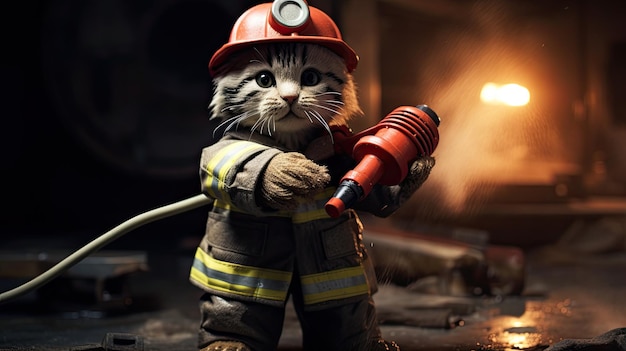 un gato con un bombero en la espalda