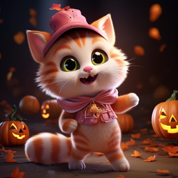 Gato bonito 3d desenho animado tema de halloween pose de dança femalejpg