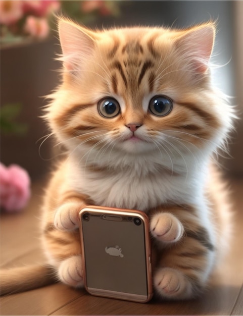 Gato bonito a usar um telemóvel.