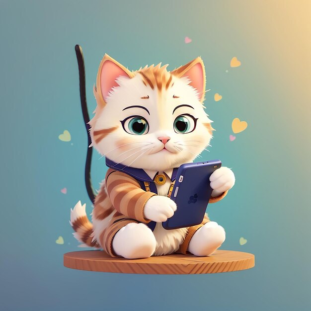 Foto gato bonito brincando com telefone de mão ícone de desenho animado vetorial ilustração tecnologia animal ícone de conceito isolado estilo de animação plana vetorial premium