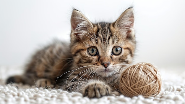 Gato bonito brincando com uma bola de fio de fundo branco