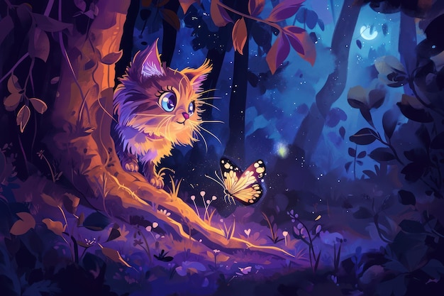 Foto gato bonito brincando com uma borboleta em uma floresta à noite ilustração colorida desenhada à mão de bela