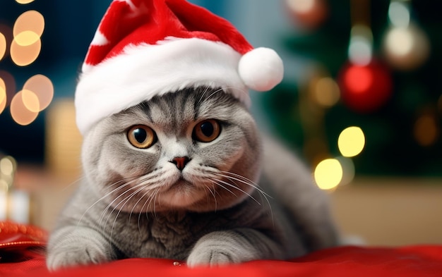 Gato bonito com chapéu de Papai Noel contra luzes de Natal desfocadas e espaço para cópia