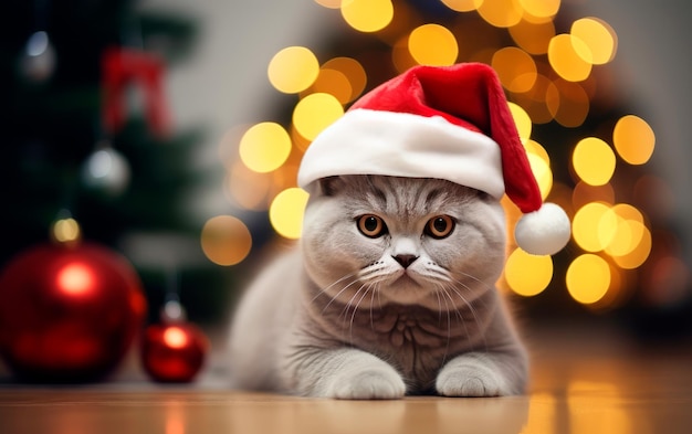 Gato bonito com chapéu de Papai Noel contra luzes de Natal desfocadas e espaço para cópia